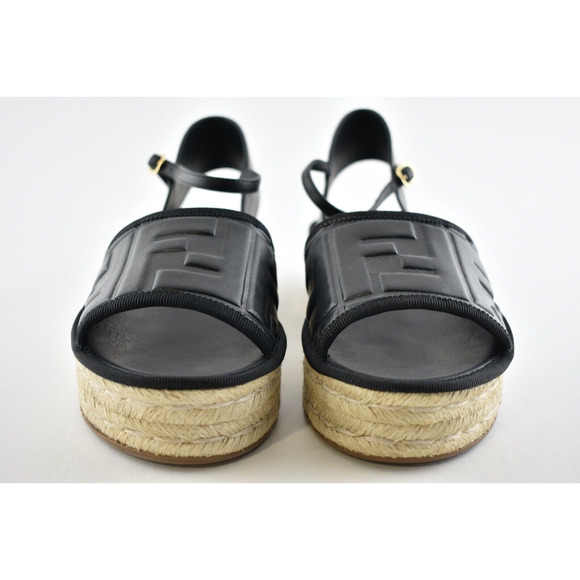 Fendi Black Leather Logo Slide Flat Ankle Strap Platform Espadrille Sandal 36.5 - Picture 5 of 11